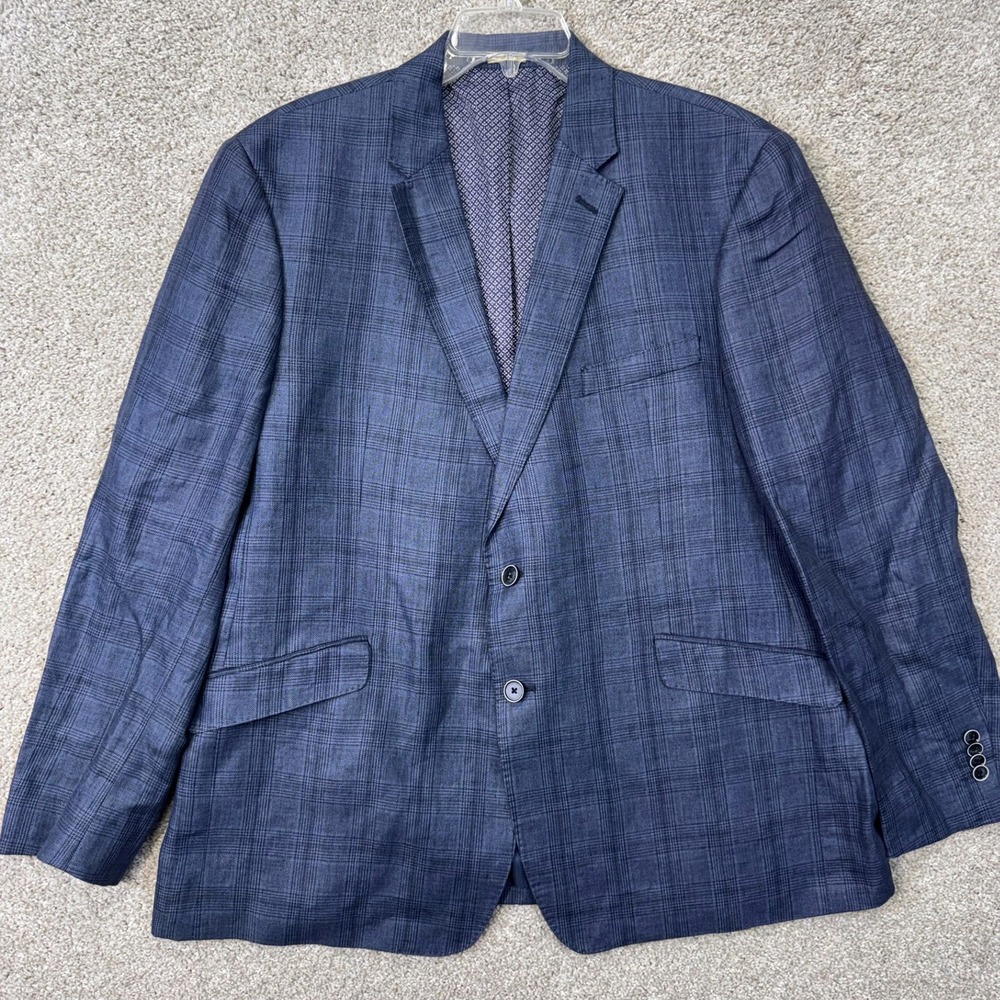Joseph Abboud Linen Sport Coat Mens 48 Regular Slim Fit Blue Glen Plaid EUC